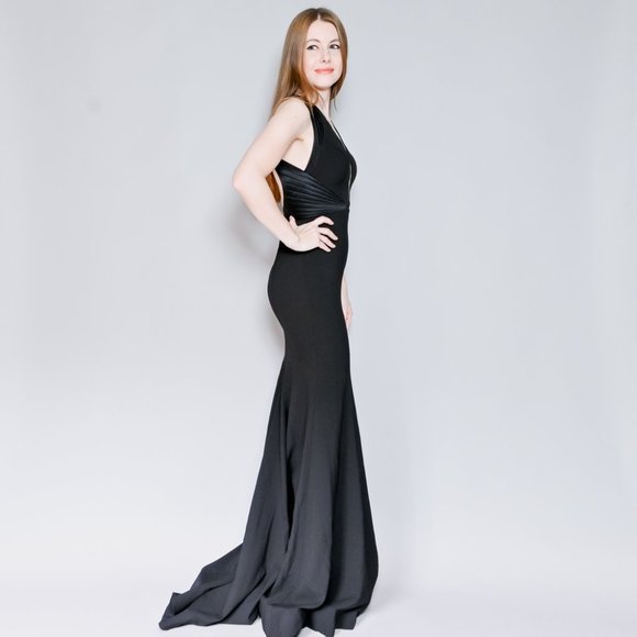 JOVANI Black Plunge V-Neck Mermaid Gown - Picture 3 of 7